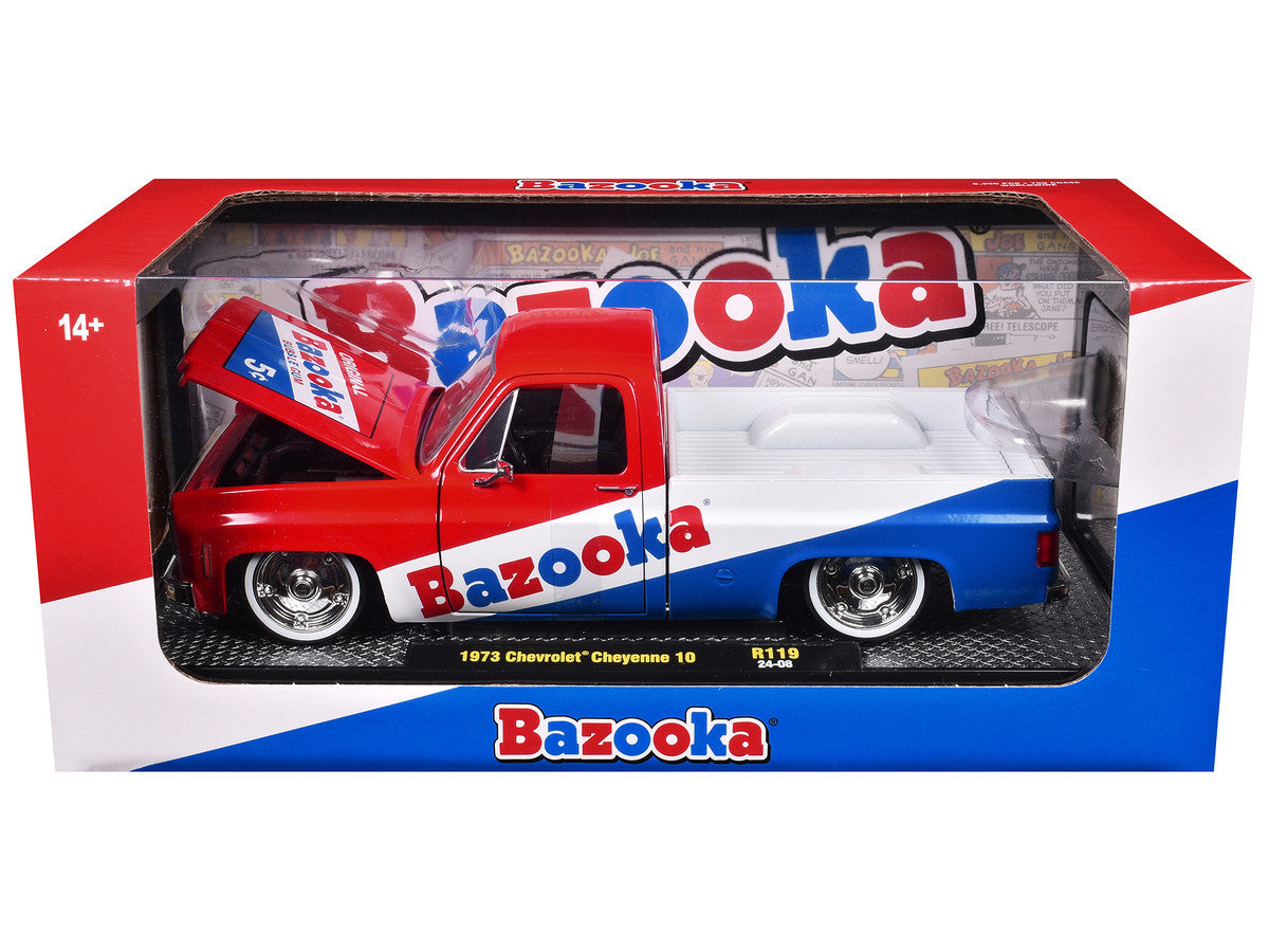 1973 Chevrolet Cheyenne 10 Pickup Truck Red and Blue with White Stripe "Bazooka Bubble Gum" Limited Edition to 6250 pieces Worldwide 1/24 Diecast Model Car by M2 Machines-0
