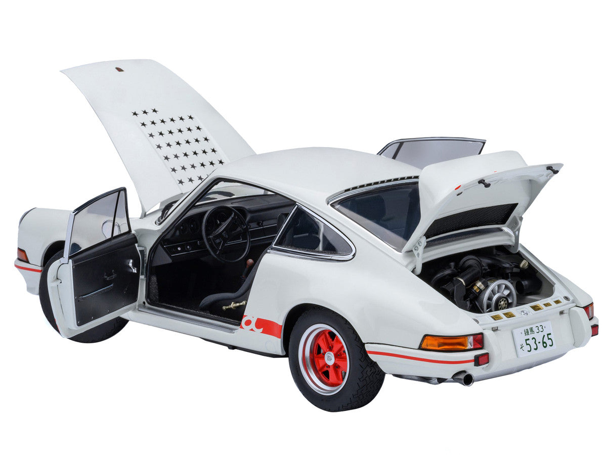 Porsche 911 Carrera 2.7 RS "The Circuit Wolf" White with Red Stripes and Wheels with Hood Graphics 1/18 Model Car by Autoart-0