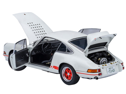 Porsche 911 Carrera 2.7 RS "The Circuit Wolf" White with Red Stripes and Wheels with Hood Graphics 1/18 Model Car by Autoart-0