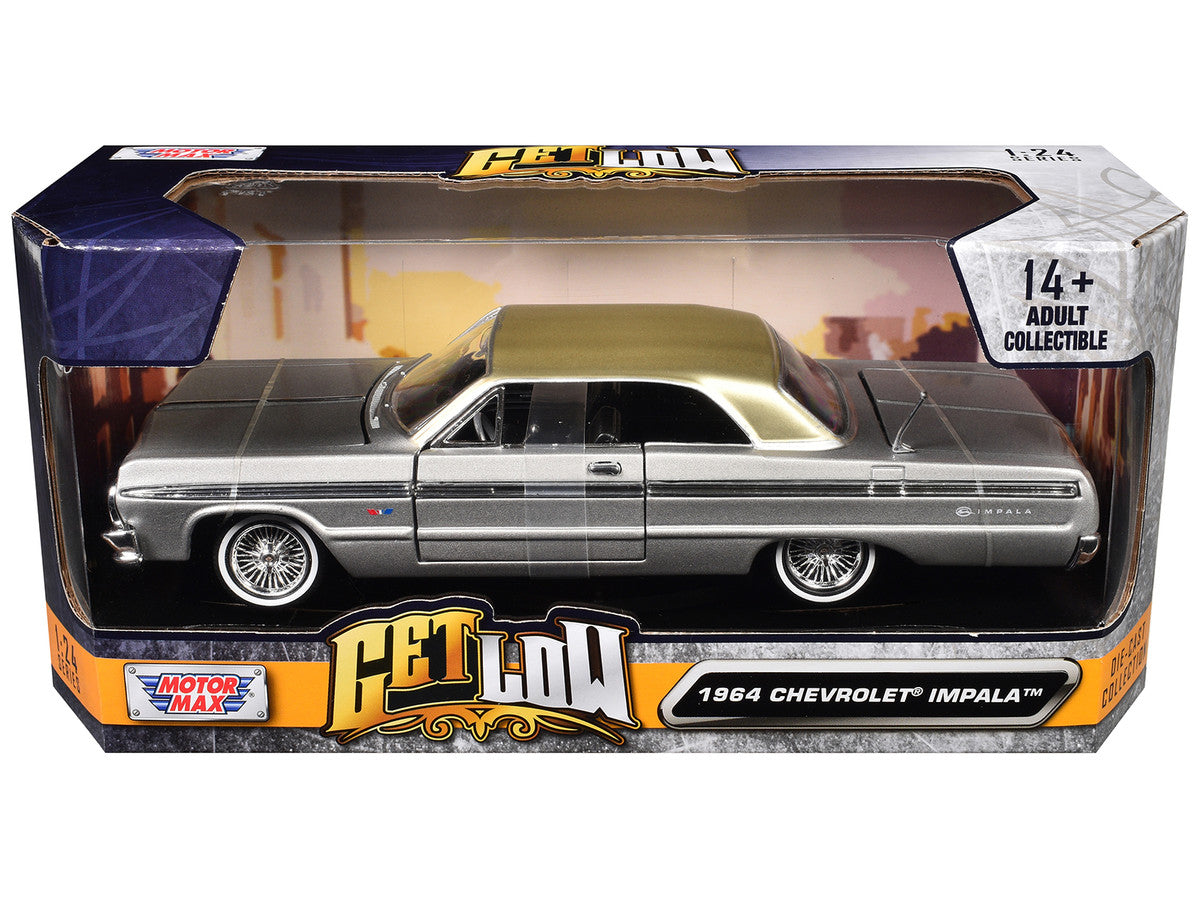 1964 Chevrolet Impala Lowrider Hard Top Silver Metallic with Gold Metallic Top "Get Low" Series 1/24 Diecast Model Car by Motormax-2