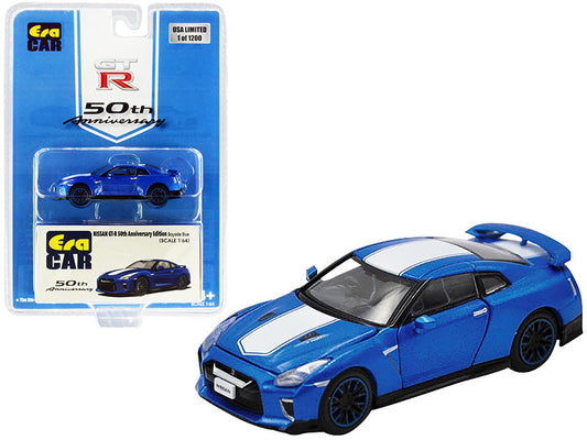 Nissan GT-R RHD (Right Hand Drive) Bayside Blue with White Stripe "50th Anniversary Edition" Limited Edition to 1200 pieces 1/64 Diecast Model Car by Era Car-0